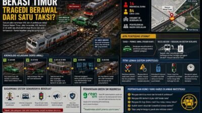 Foto : Ilustrasi kronologi kecelakaan kereta Bekasi Timur: tabrakan KRL dan KA Argo Bromo Anggrek yang diduga dipicu taksi di perlintasan rel. (Chatgpt)