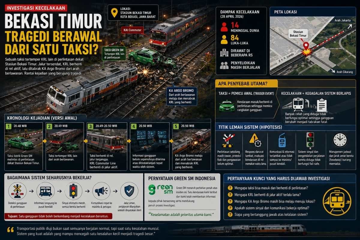 Foto : Ilustrasi kronologi kecelakaan kereta Bekasi Timur: tabrakan KRL dan KA Argo Bromo Anggrek yang diduga dipicu taksi di perlintasan rel. (Chatgpt)