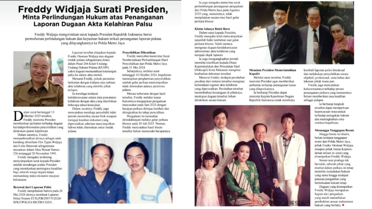 Surati Presiden, Freddy Widjaja Bongkar Dugaan Akta Kelahiran Palsu: Minta Kapolri Buka Lagi Kasus! Surati Presiden, Freddy Widjaja Bongkar Dugaan Akta Kelahiran Palsu: Minta Kapolri Buka Lagi Kasus!
